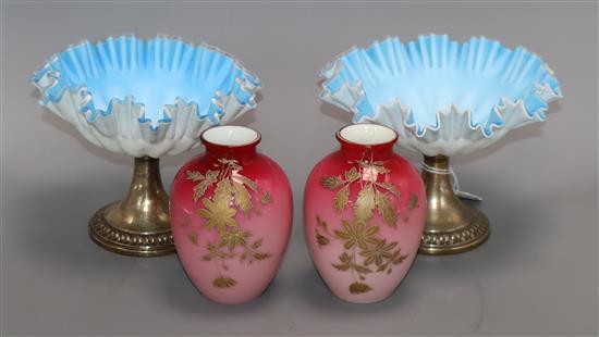 A pair of Victorian blue satin glass dishes and a pair of glazed Burmese vases